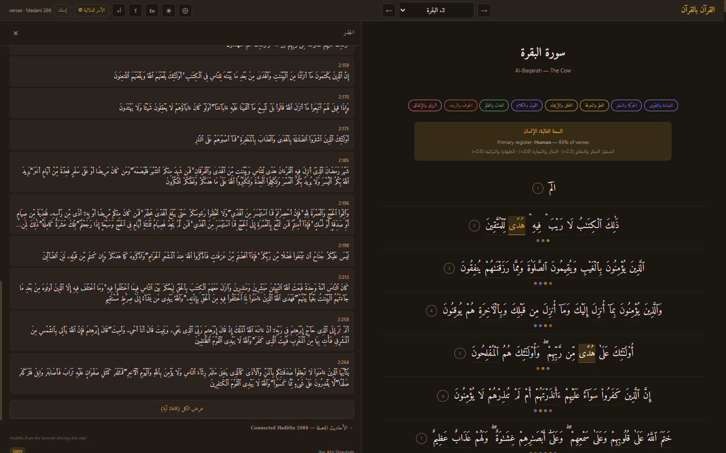 Quran root panel with meaning and frequency